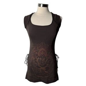 Made in Nepal Printed Tie Sides Slit Back Mini Dress Brown Boho Tunic Womens O/S